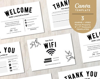 Printable AirBnb Host Postcards for Guest  |  Vacation Rental Welcome Card  |  Airbnb Guest Review Card  |  Wifi Login | Airbnb Card Set