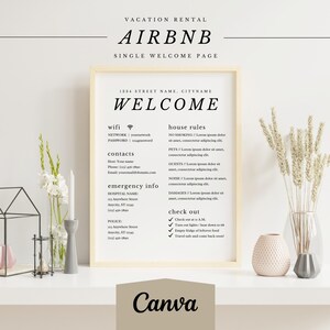 Tabliczka powitalna Airbnb | Szablon Canva | Edytowalny plakat przyjazdu gości | Strona powitalna wynajmu wakacyjnego | Zasady domu Instrukcje wymeldowania