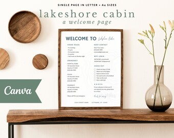 Welkomstblad van één pagina voor cabine | Airbnb-welkomstpagina | Regels van het pension | Contactgegevens verhuurder | Vakantiewoningen Meer | Informatie over VRBO-host