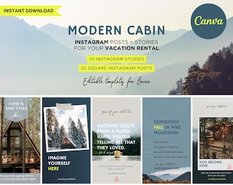 Moderne hut Airbnb Social Media-sjabloonbundel | Lake Vacation Rental Instagram-berichten en verhalen | Canva-sjablonen voor Airbnb VRBO-host