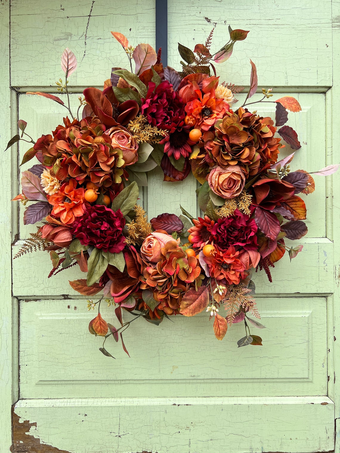 Vibrant Summer / Fall Wreath for Front Door Hydrangea Magnolia, Autumn ...