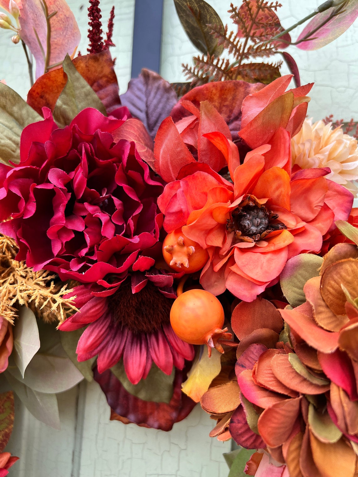 Vibrant Summer / Fall Wreath for Front Door Hydrangea Magnolia, Autumn ...