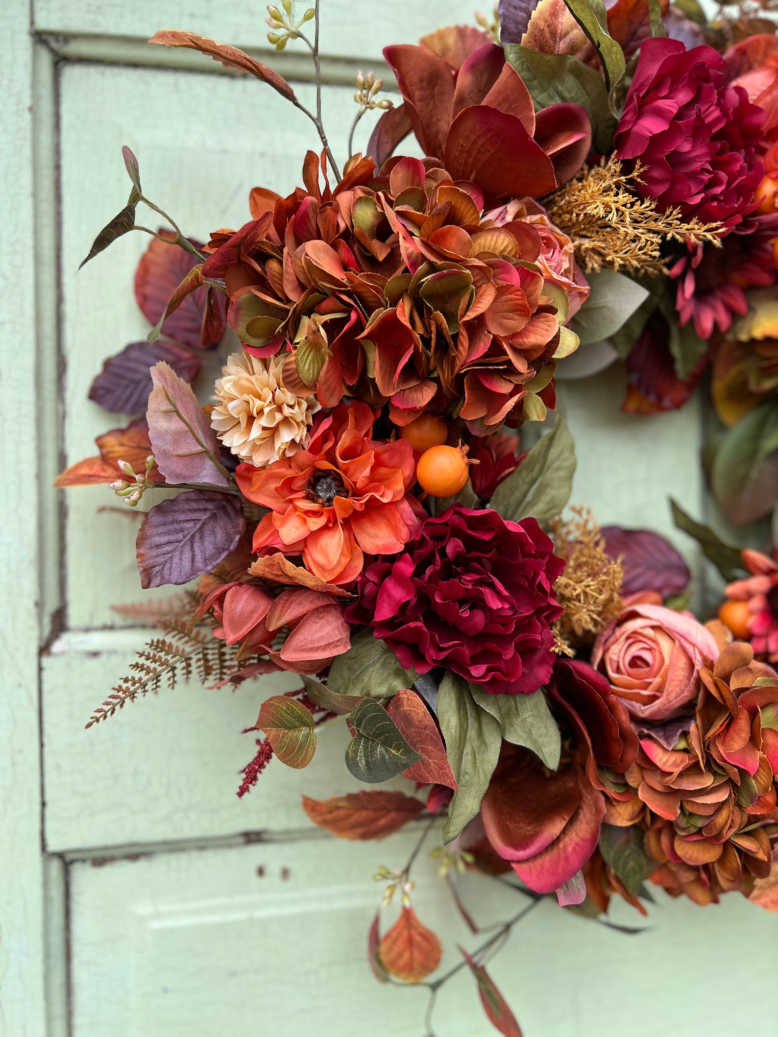 Vibrant Summer / Fall Wreath for Front Door Hydrangea Magnolia, Autumn ...