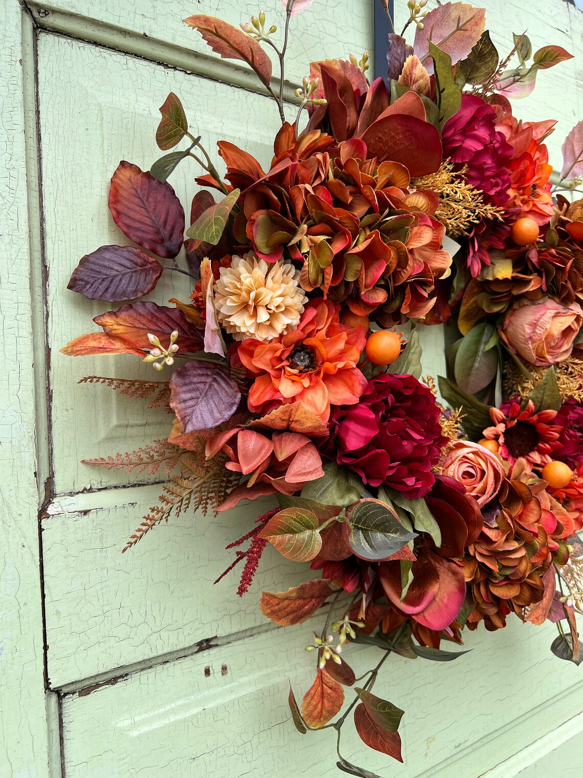 Vibrant Summer / Fall Wreath for Front Door Hydrangea Magnolia, Autumn ...