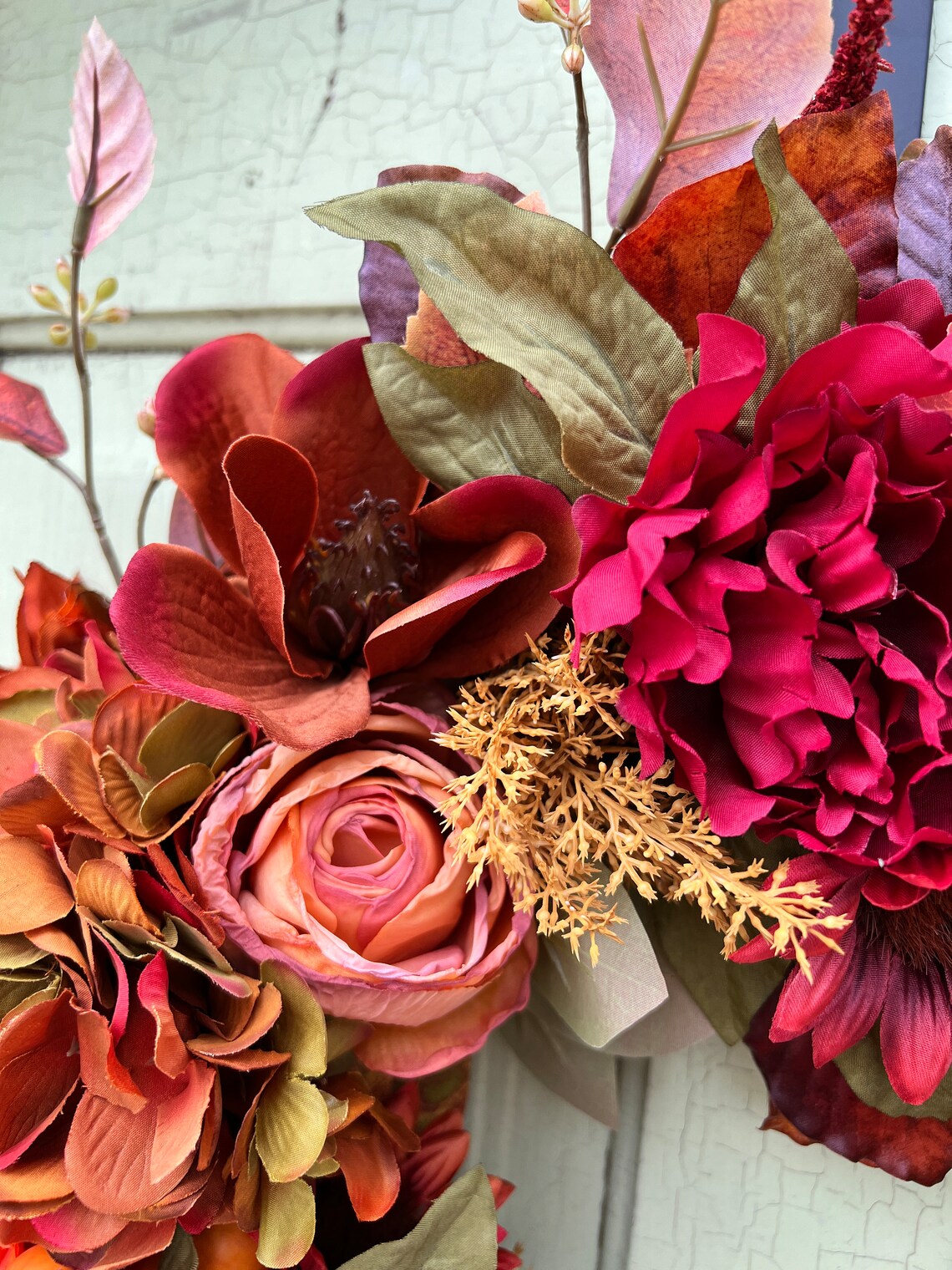 Vibrant Summer / Fall Wreath for Front Door Hydrangea Magnolia, Autumn ...