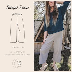 Patrón de costura de pantalones sencillos - Pantalones anchos para mujer - Tejidos de punto - Cintura elástica - Apto para principiantes - Proyector - Tamaño A0 - Carta PDF