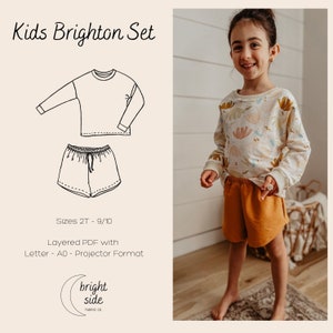 Patrón de costura Kids Brighton Set - Conjunto de salón - Camiseta y pantalones cortos - Talla 2T-9/10 - Proyector - A0 - Carta - PDF