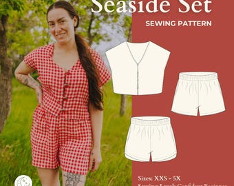 Seaside-set naaipatroon pdf: short met elastische taille, blouse met knopen (XXS-5X)