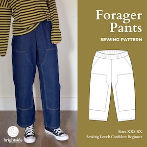 May include: Forager Pants sewing pattern featuring dark blue denim trousers with large front pockets and an elastic waistband. The image includes a technical line drawing of the trousers, the text Forager Pants, SEWING PATTERN, and Sizes XXS-5X.