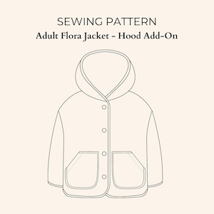 May include: Line drawing of a hooded jacket sewing pattern. The jacket has a button closure, two patch pockets, and a hood.