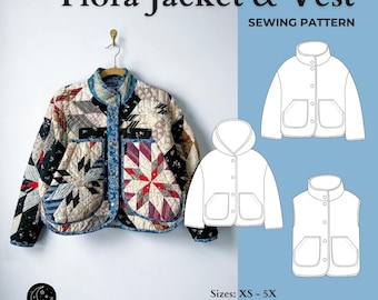 Patrón de costura para chaqueta y chaleco acolchados con estampado floral / Tallas disponibles: XS-5X / Prendas de abrigo recicladas