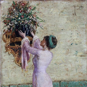 It is the Artistic Painting of Osman Hamdi Bey named &quot;Woman with a Hanging Flower&quot;. It is a high quality canvas print.