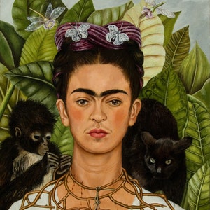Self-Portrait with Thorn Necklace and Hummingbird FRIDA KAHLO.It is a high quality canvas print.