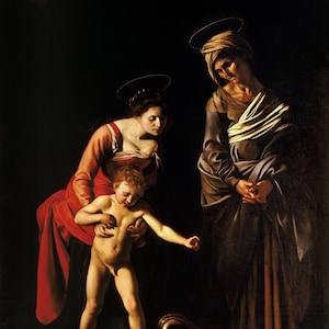 Caravaggio -Michelangelo Merisi-The Madonna and Child with St. Anne.It is a high quality canvas print.