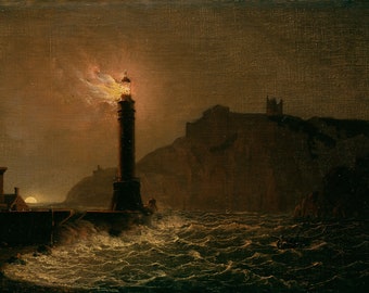 A lighthouse on fire at night-Joseph Wright of Derby.High quality canvas printing