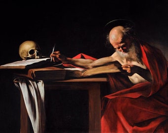 Saint Jerome Writing-Michelangelo Merisi Caravaggio.It is a high quality canvas print.