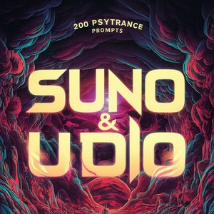 Puede incluir: Una ilustración digital de un paisaje psicodélico con un gran texto amarillo superpuesto que dice "SUNO & UDO" y el texto "200 PSYTRANCE PROMPTS" en la parte superior de la imagen.
