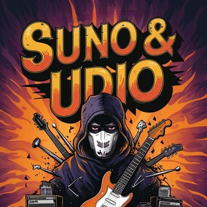 Può includere: Un'illustrazione digitale di una figura incappucciata con una chitarra, bacchette e microfoni. Il testo "Suno & Udio" è in un font stilizzato sopra la figura. Il testo "219 Rock and Metal Music Prompts" è sotto la figura.
