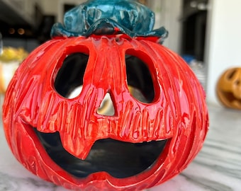 Ceramic Halloween Red Pumpkin Tea Light Holder Unique Design-Red color and green leaf on top, unique pumpkin, Unique halloween themed decor