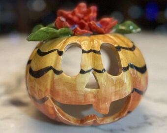 Ceramic Halloween Pumpkin Tea Light Holder Unique Design-red flowers green leaf on top, colorful unique halloween pumpkin, handmade pumpkin