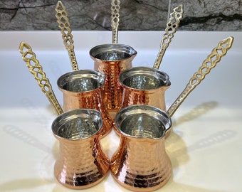 Handcrafted Copper Coffee Pot Set 5 Sizes, Brass Handles, Artisanal Premium Quality Copper Turkish Coffee Pot Set, Unique Coffee Pot Set