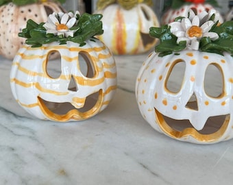Halloween Decor Ceramic Pumpkin Tealight Candle Set of 2,Halloween Themed Tealight Lanterns,Luminaries,Ceramic pumpkin with floral motif