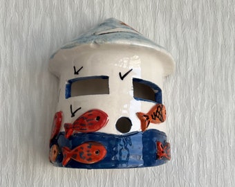 Handcrafted Ceramic Wall-Hung Tealight Holder Sea World Design-Charming House Design,House-Shaped Wall Tealight Holder,Tealight Wall Hanging
