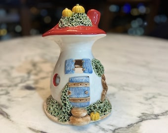 Handcrafted Ceramic Mushroom House with pumpkins Tealight Holder,Whimsical Handmade Mushroom House Candle Lantern,Mushroom Candle Luminary