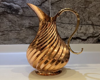 Handcrafted Copper Pitcher with Spiral Embossing,Copper Beverage Jug with Brass Handle,Elegant Spiral Embossed Copper Carafe