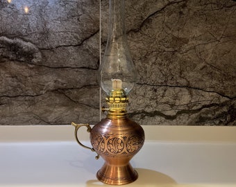 Handcrafted Copper Table Gas Lantern for Vintage Ambiance with Artistic Carvings,Antique Style Copper Desktop Gas Lamp with Ornate Carvings