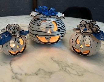 Halloween Decor Ceramic Pumpkin Tealight Candle Set of 3 Blue White Colors Flower Cap, Unique Halloween Pumpkin Luminaries Tealight Lanterns