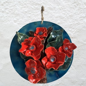 Handmade Ceramic Floral Wall Decor: Red Flower Sculpture