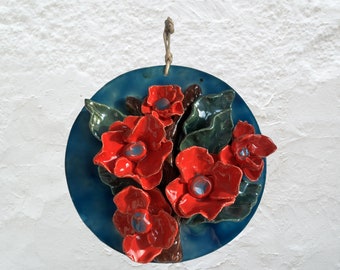 Handmade Ceramic Red Floral Wall Decor,Hand-Painted Wall Sculpture,Ceramic Tile Decor,ceramic Floral Motif,Modern Handcrafted Wall Ornament