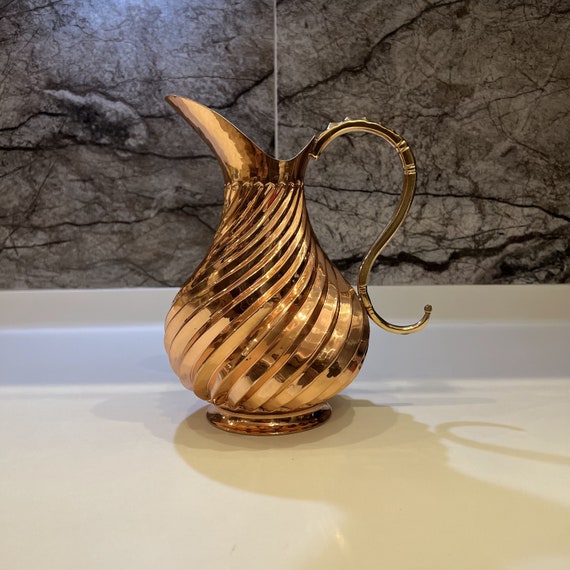 Handcrafted Copper Pitcher: Spiral Embossed Beverage Jug with Brass Handle