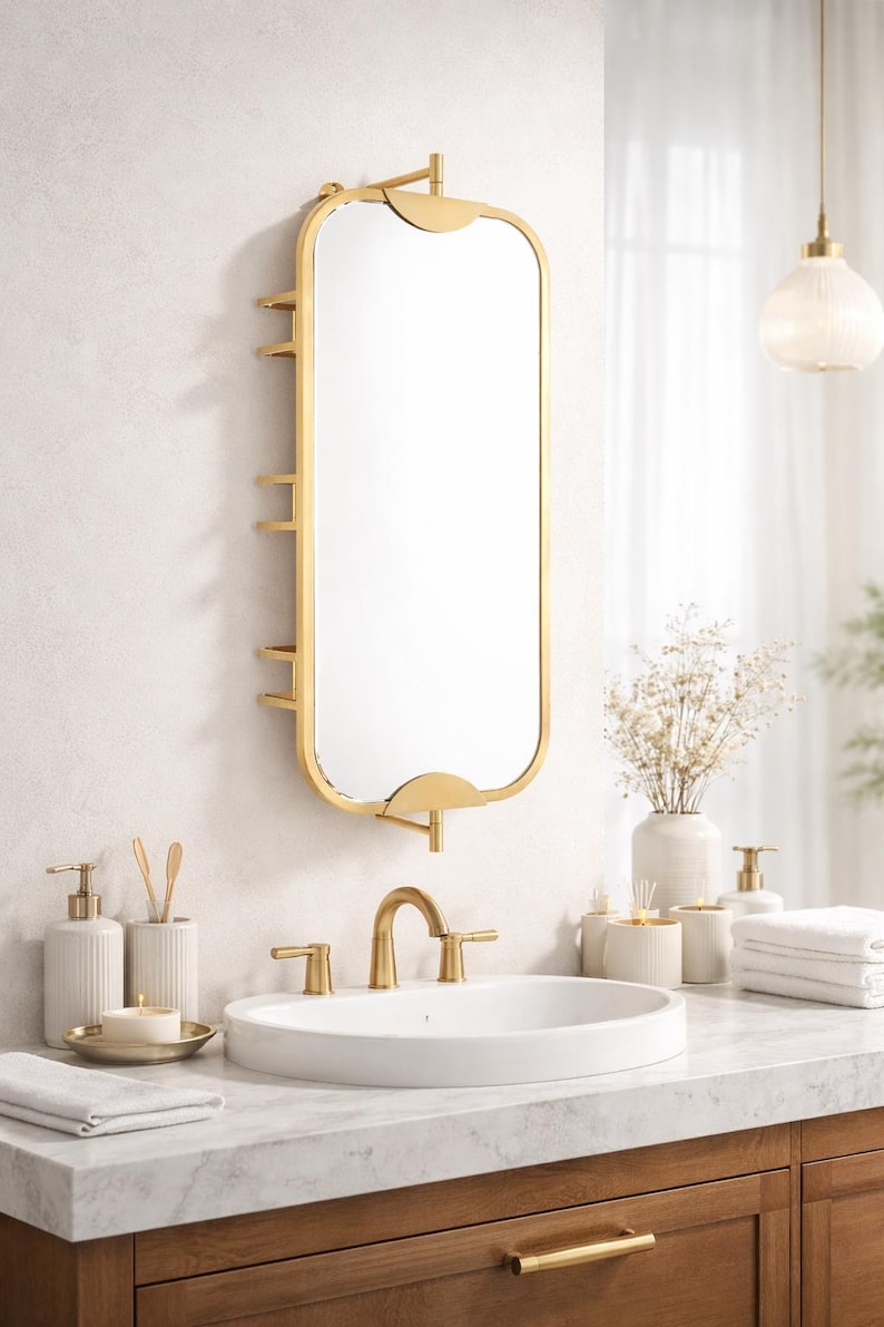 360 Rotating Wall Mirror with Shelf – Luxury Stainless Steel Bathroom Vanity Makeup Mirror – BRASS/Gold/Chrome/Black/Antique Finish Options image 5