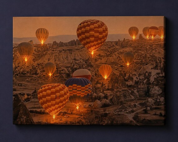 LED Cappadocia Sunrise Balloon Canvas Art, Illuminated Hot Air Balloon Wall Decor, Travel Landscape Artwork, Turkey Balloon Lights