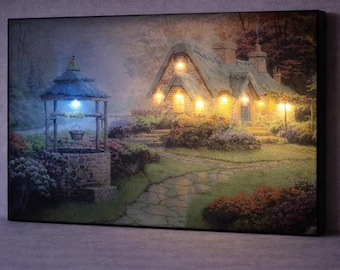 LED Illuminated Canvas Art – Enchanted Forest Cottage Stone Path, Lighted Wall Decor, Cozy Fantasy Home Art, Bedroom Gift