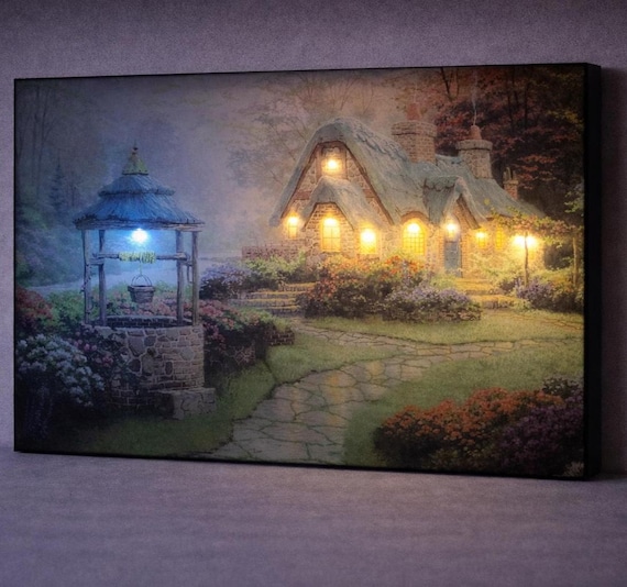 LED Illuminated Canvas Art – Enchanted Forest Cottage Stone Path, Lighted Wall Decor, Cozy Fantasy Home Art, Bedroom Gift