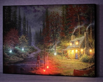 LED Illuminated Canvas Art – Tranquil Riverside Cabin Landscape, Battery Powered Lighted Wall Art, Rustic Nature Home Decor