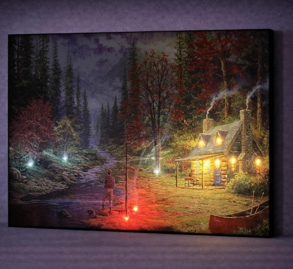 LED Illuminated Canvas Art – Tranquil Riverside Cabin Landscape, Battery Powered Lighted Wall Art, Rustic Nature Home Decor