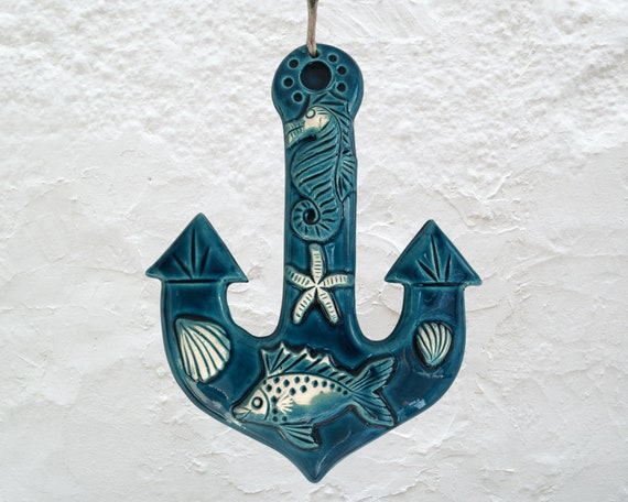 Turquoise Ceramic Anchor Wall Decor: Nautical Art Sculpture