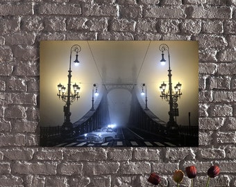 LED Illuminated Canvas Art of Budapest's Iconic Liberty Bridge in Foggy Night with Classic Car - Unique Home Decor,Budapest Bridge Print