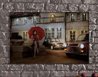 LED Illuminated Canvas Art Classic Mini Elegance- Journey through Time with the Lady in Red, Vintage Car Wall Decor,Retro Auto Artwork