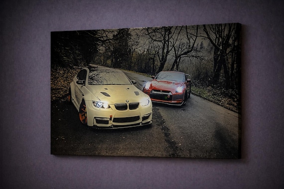LED Racing Legends Canvas Art, BMW M3 & Nissan GTR Wall Decor, Illuminated Supercar Canvas Print, Car Enthusiast Gift, Battery Powered