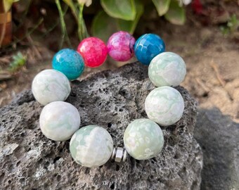 Agate Gemstone Bracelet 18mm Bead Blue Pink Moss,Unique Natural Stone Jewelry,Colorful Gemstone Wristlet,Natural Moss Agate Bangle