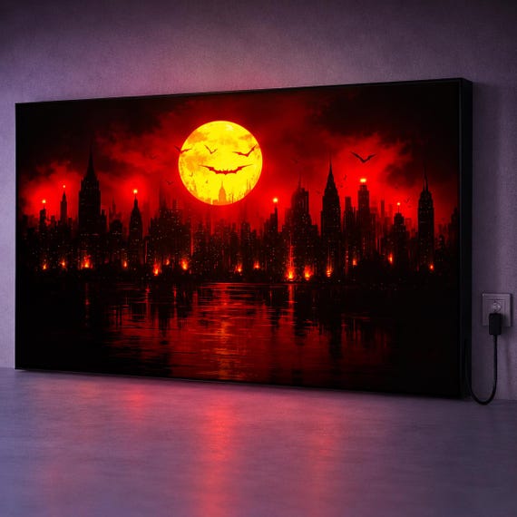 LED Halloween Moon Canvas Art, Animated Gothic City Skyline, Blinking Red Tower Lights, Flickering Fire Wall Decor, Horror Home Gift