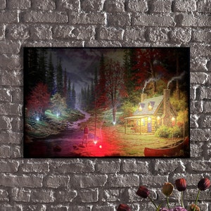 LED Illuminated Canvas Art Tranquil Riverside Retreat- Embrace the Serenity of Nature,Riverside Stone House LED Wall Decor,Forest LED Canvas