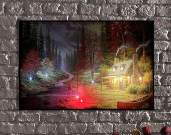 LED Illuminated Canvas Art Tranquil Riverside Retreat- Embrace the Serenity of Nature,Riverside Stone House LED Wall Decor,Forest LED Canvas