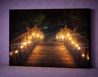 LED Garden Path Canvas Art, Illuminated Wooden Walkway Wall Decor, Lighted Night Path Scene Cozy Ambient Lighting Battery Powered Canvas Art