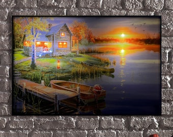LED Illuminated Canvas Art Serene Lakeside Retreat - Embrace Tranquility,Peaceful Waterfront Cabin Printing,Lakeside Nature Canvas Art
